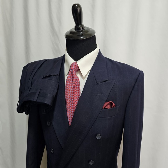 Vitale Barberis Suit Double Breasted 40L Pants 29x32 Pinstripe Peak Lapel Navy
